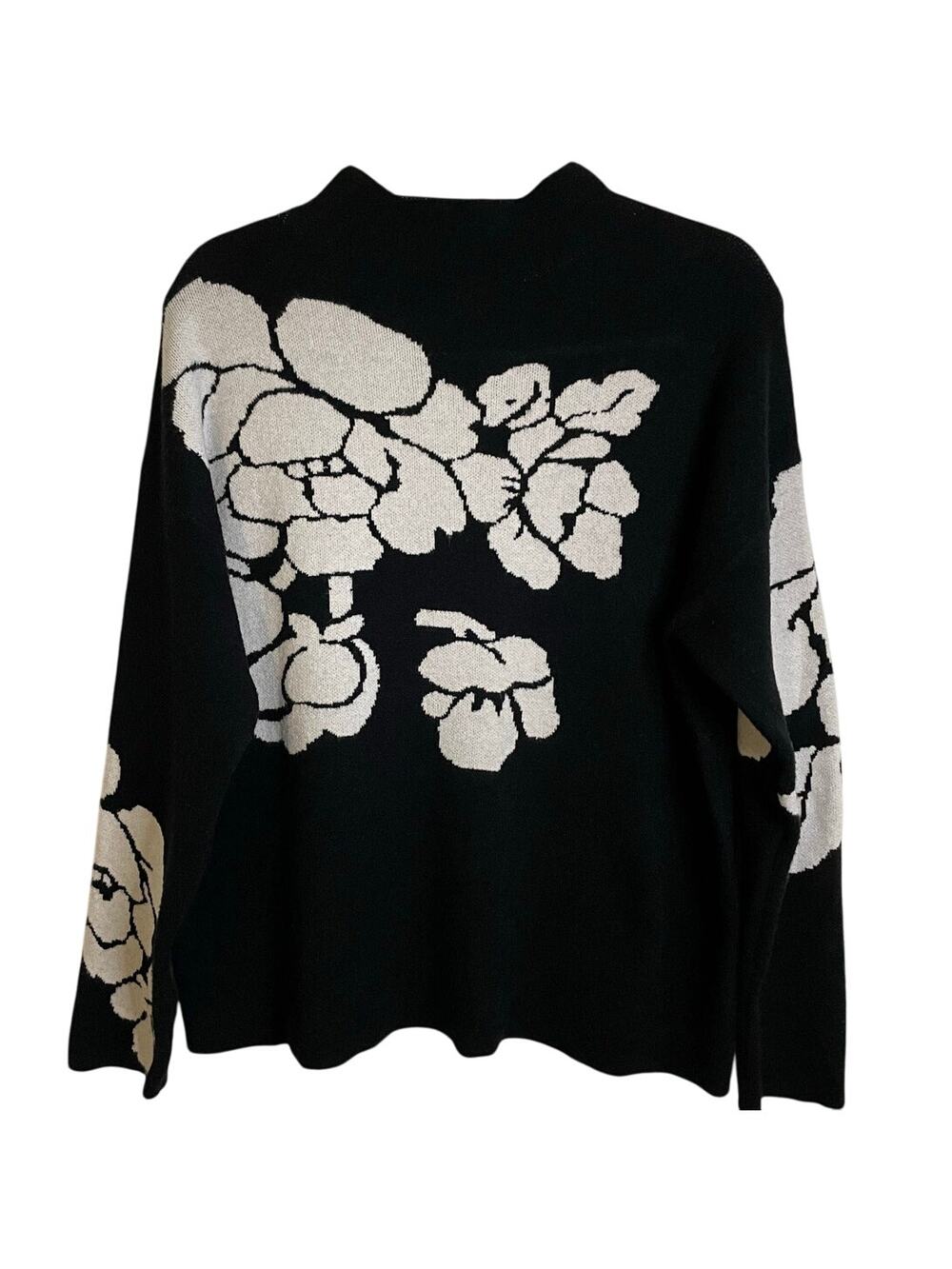 Tribal Jacquard Knit Funnel Neck Sweater Sz L Floral Black White Neutral Chic